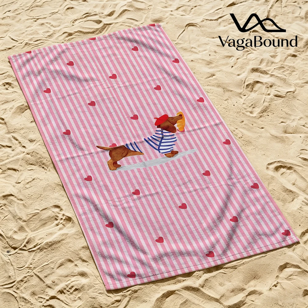 Strandtuch mit französischer Dackel-Illustration, Cartoon-Motiv, schnell trocknendes Mikrofaser-Badetuch zum Schwimmen, Surfen, Camping, Unisex, Urlaub