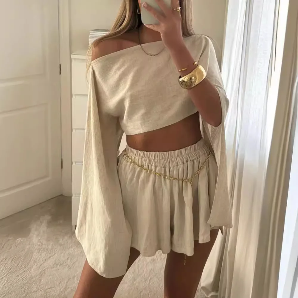 Conjunto de Verano para Mujer, Blusa de Lino de Manga Larga con Cuello Redondo y Pantalones Cortos, Traje de Dos Piezas, Estilo Europeo, Ropa Casual Juvenil