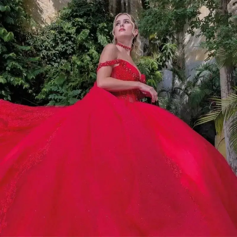 Customized Sexy Hot Red Vestido De Princesas Sweetheart Illusion Lace-Up Tull Ball Gown Party Dress Vestidos De 15 Quinceañera