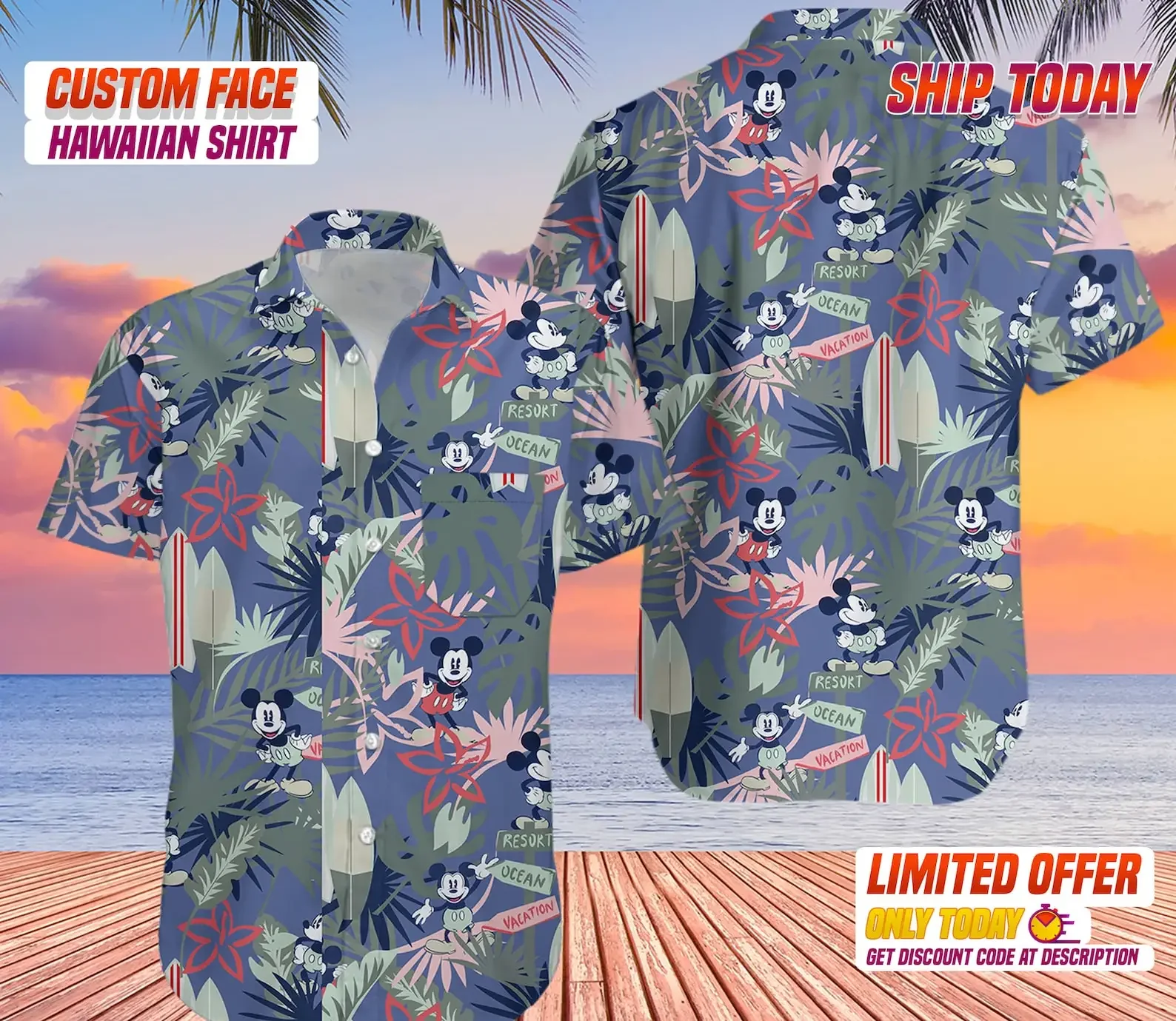 2023 New Mickey Mouse Hawaiian Shirt Fashion Men Button Up Shirt Disney Tropical Floral Hawaiian Shirt Breathable Beach Shirt