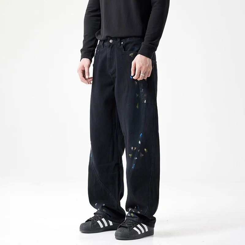 Hand Drawn Dyed Men's Jeans American Street Parkour Sweat2024 New Washed Casual Loose Straight Leg Men's Pants
