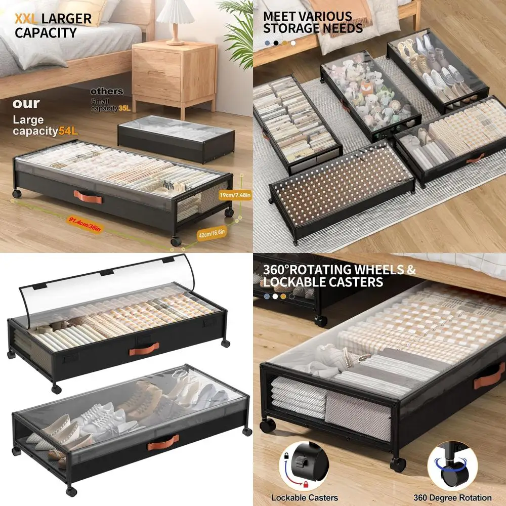 

Large Rolling Underbed Storage Boxes with 2 Drawers for Shoes, Clothes, and Toys - Ideal for Dorms, Bedrooms, and Nurseries (Bla