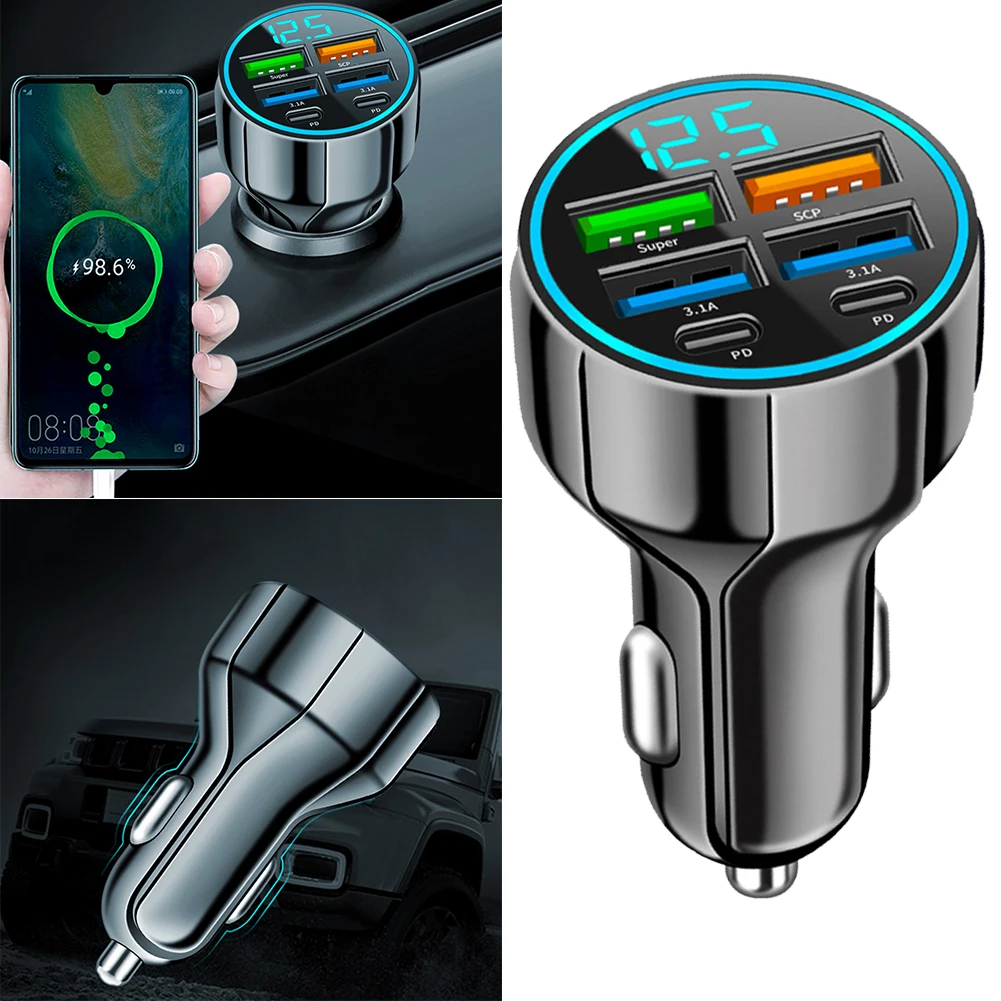 1pcs Black 70*38mm 6-in-1 MultiPort Car Charger With 4 USB And PD Ports For Fast Charging Replacement Car Accessories