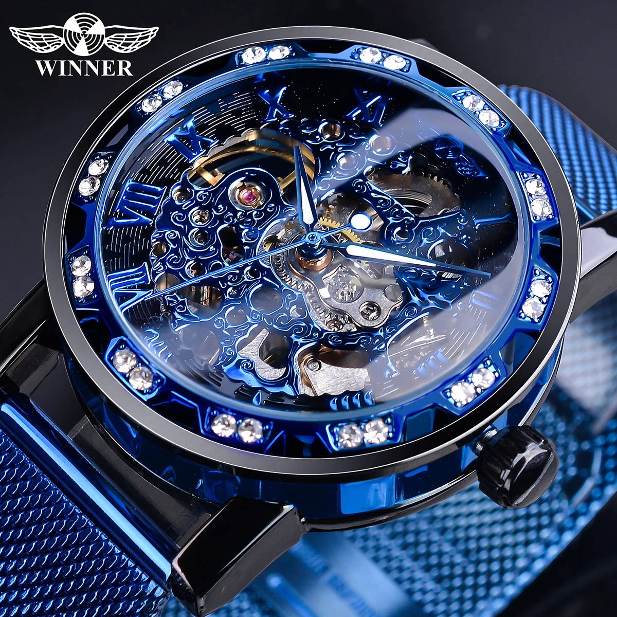 

Winner Top Fashion Man Mechanical Skeleton Watch Brand Diamond Display Blue Steel Classic Gear Movement Men Business Wristwatch