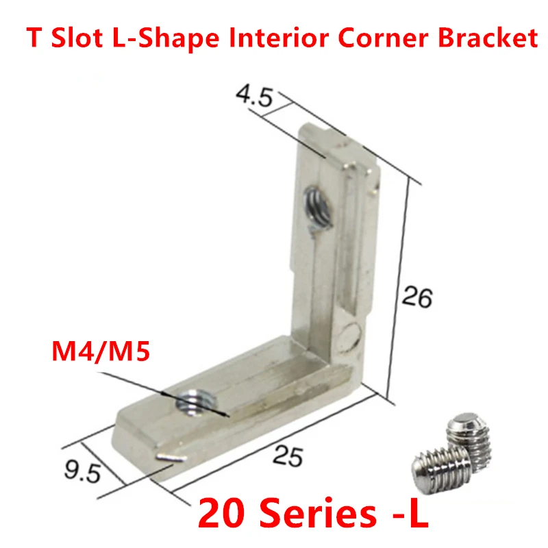 5pcs 2020 T Slot L Shape with M4 M5 Screw for Aluminum Profile Accessories Inside Corner Connector Bracket