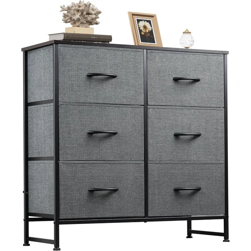 

Bedroom Fabric Dresser, 6 Drawer Double Dresser, Storage Tower with Fabric Boxes, Dark Gray