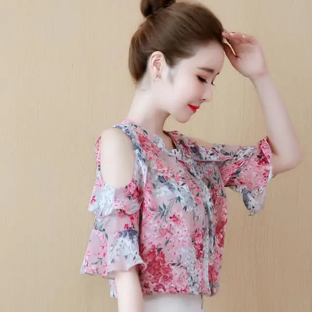 Chiffon Floral Off Shoulder Blouse Summer Loose Short Sleeve Bell Sleeve Top