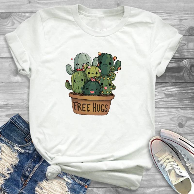 Women Fashion Free Hug Plants Cactus Print Womens Travel Graphic T Shirt T-Shirt Streetwear Camisas Tee Shirt Tees T-shirts