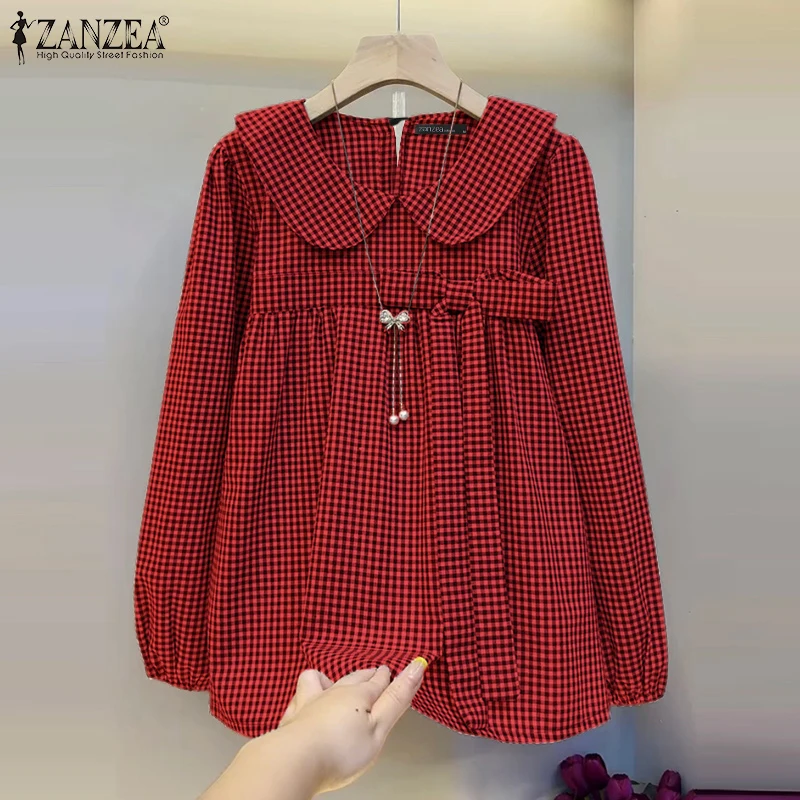 ZANZEA Fashion Women's Blouse Long Sleeve Peter Pan Collar Plaid Tops Autumn Spring Checked Shirts 2025 Casual Loose Blusas