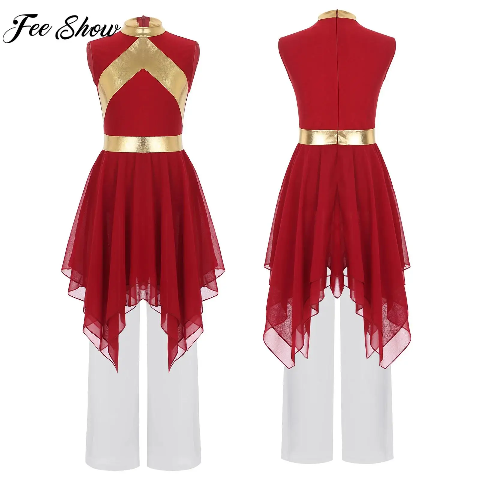 

Kids Girls Worship Praise Liturgical Dance Dress with Wide-Leg Pants Sleeveless Choir Gown Modern Lyrical Dancing Dancewear