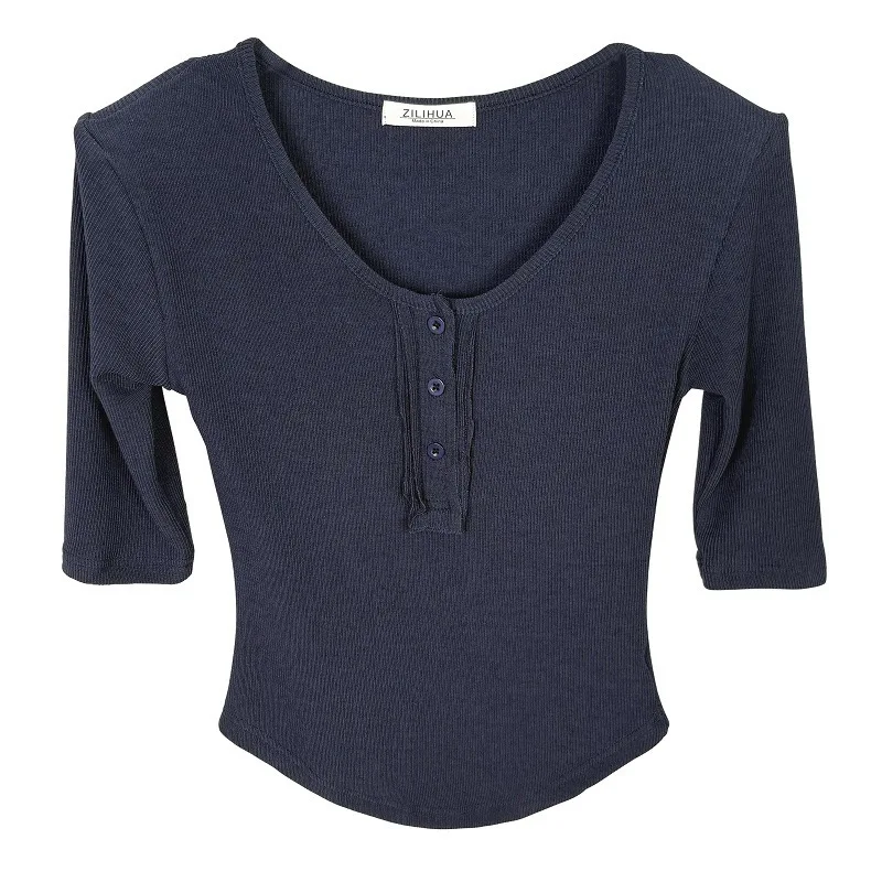 Korean Slim Sexy Half-Open Collar Chest-Enhancing Hot Girl Feminine Five-Sleeve T-Shirt Top Women Tshirt Tees Fashion Women V994
