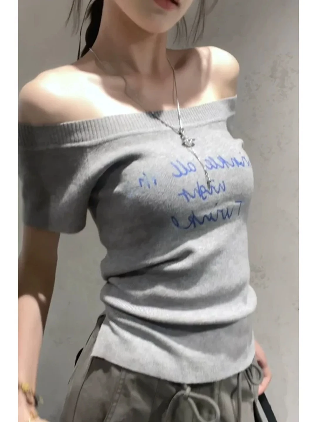 Spicy Girl Shoulder Bared Short Sleeve T Shirt Women's Summer New Style Letter Embroidery Pure Desire Knitted Wear Commute