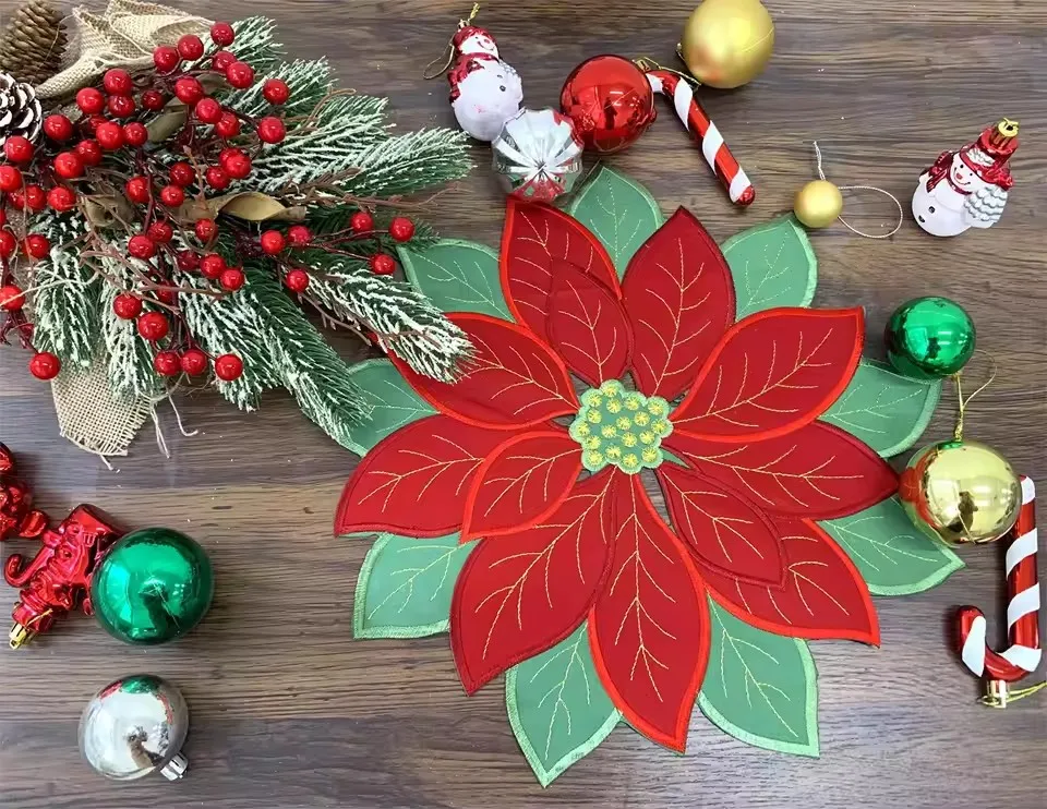 Holiday Christmas Applique Poinsettia Red Green Embroidered Christmas Flower Table Placemat for Home Dinner Xmas Table Top Decor