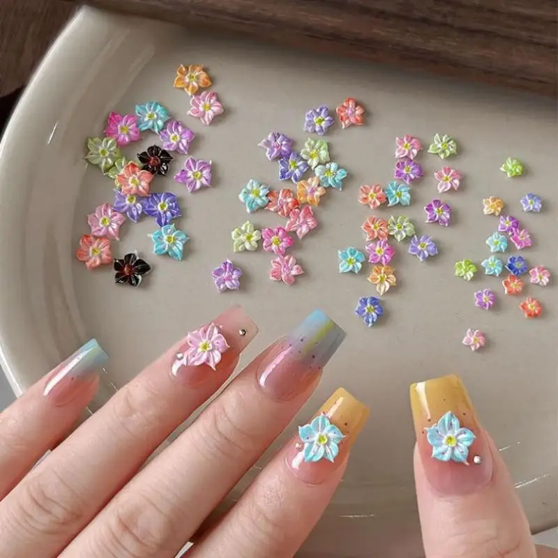 50 Pcs Resin Mini Colorful Flower Art Nail Decorate 3D FlowerAppliques DIY Nail Art Decor Accessories Crafts