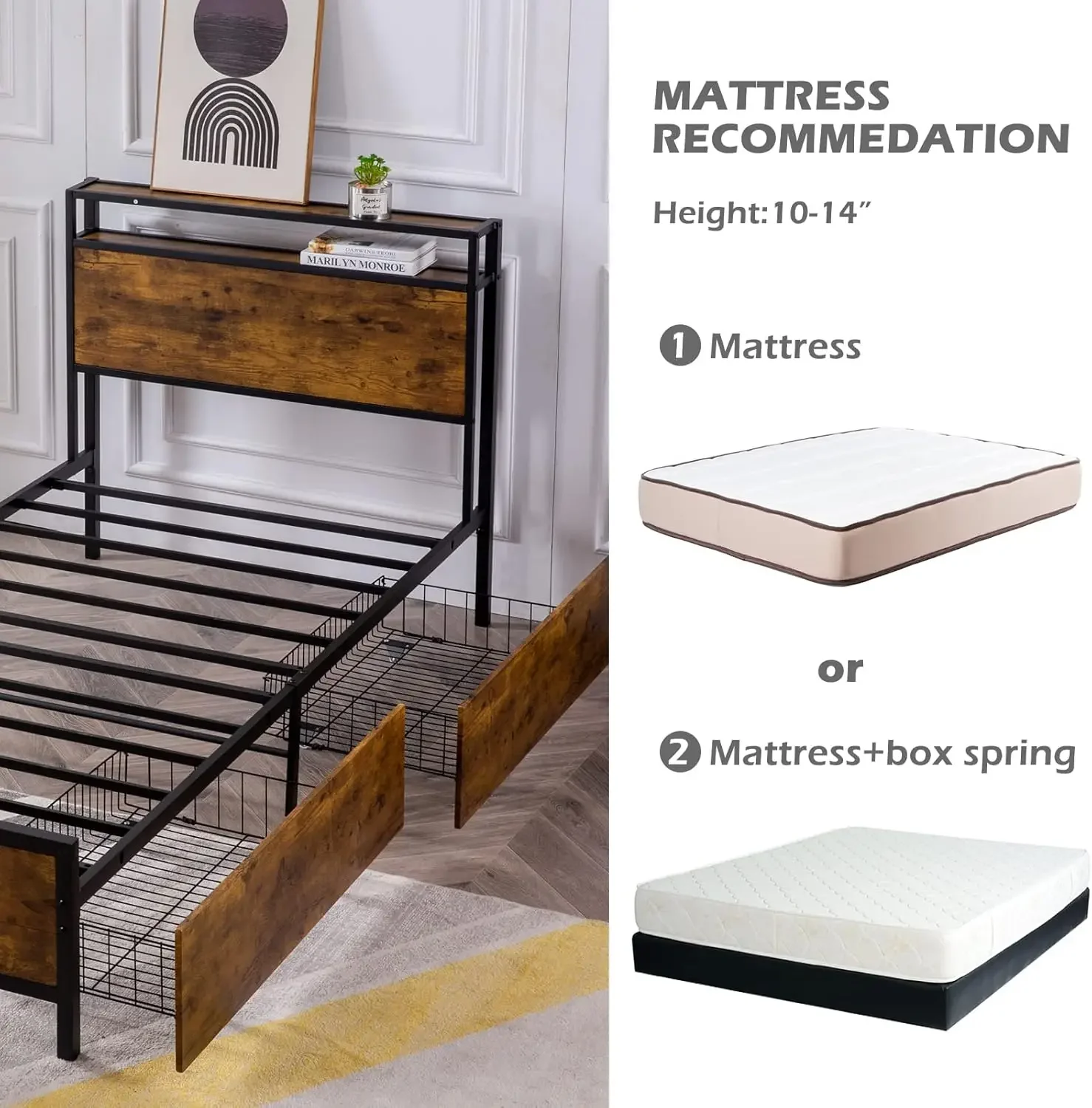 Twin Bed Frame with 2 XL Storage Drawers, Platform Bed Frame with 2-Tier Headboard, Strong Metal Slat Support/No Box