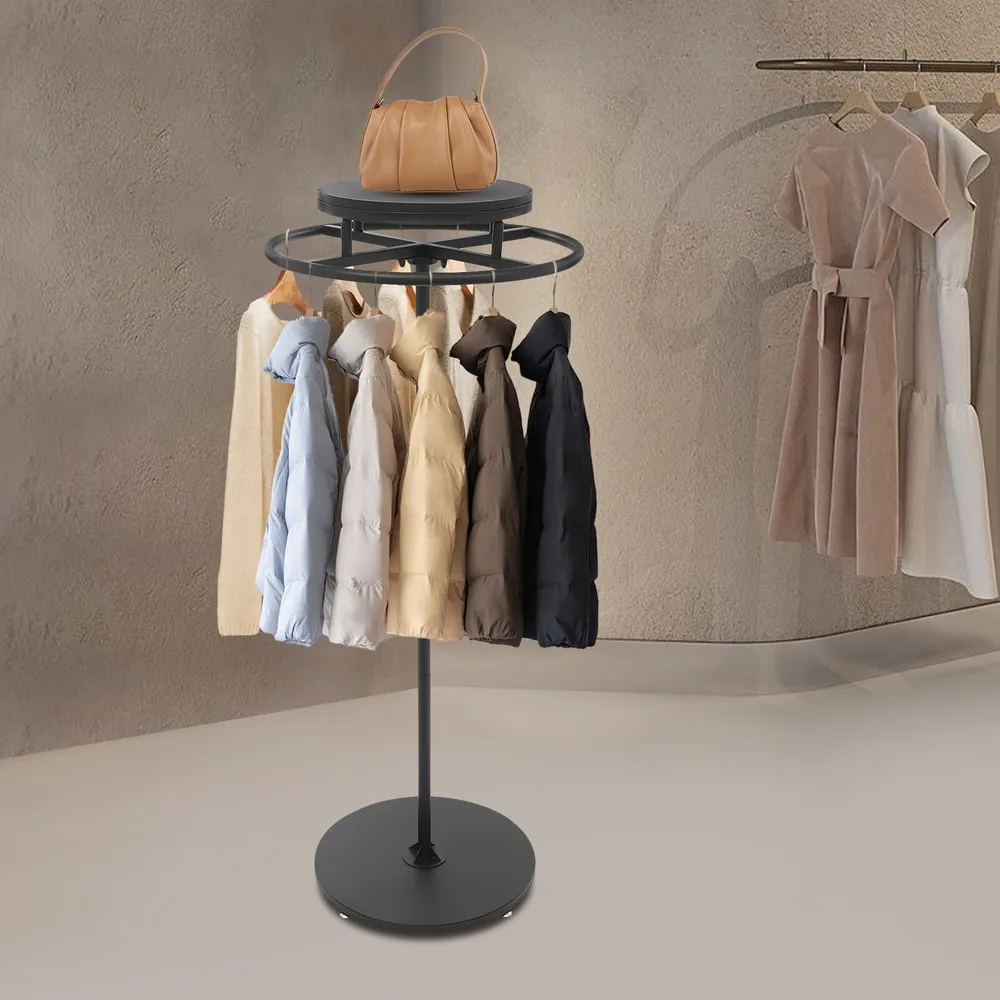 

Black Round Clothing Rack 360° Rotatable Clothing Display Black w/ 4 Foot Pads