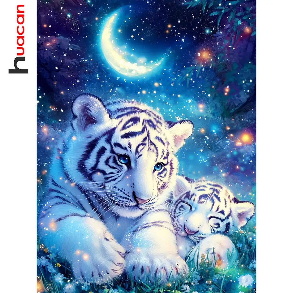 Huacan Full Square Round Diamond Painting Tiger Animal Diamond Embroidery Moon New 2025 Rhinestone Pictures
