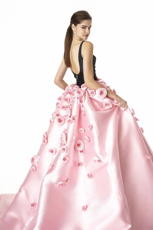 Chic Black and Pink Formal Party Dresses with 3D Floral Elegant Overskirt Long Prom Gown with Detachable Train Women Event Dress