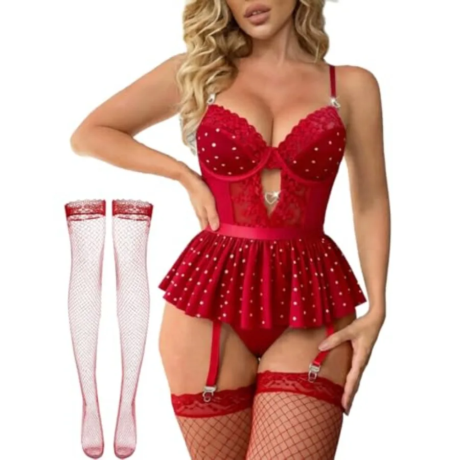 

Alrovetoney Women Lingerie Set Naughty Lace Bodysuit High Waisted Underwire Lingerie Babydoll With Garter Belt and Stockings