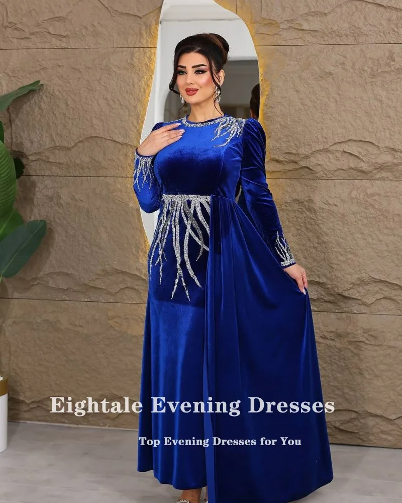 Vestido de noche de terciopelo Eightale para fiesta de boda, mangas largas, lentejuelas personalizadas, azul real, sirena musulmana, vestidos de graduación árabes