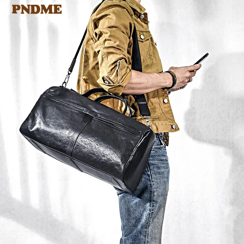 Fashion casual luxury genuine leather men\'s travel bag designer simple real cowhide women\'s black handbag weekend duffel bag