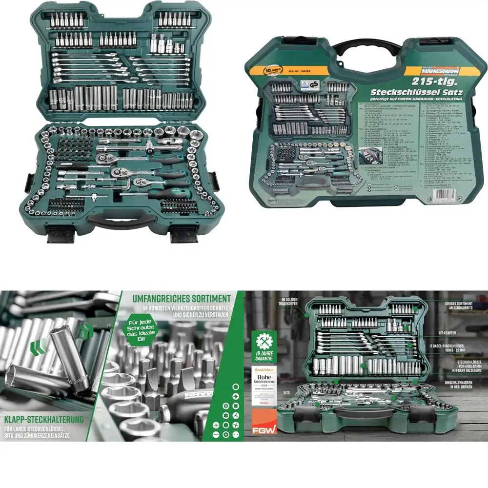 Mannesmann M98430 - Maletín con llaves de vaso yastas Herramientas (215 قطعة، حجم: 12x36x51 سم)، اللون Verde Mannesmann