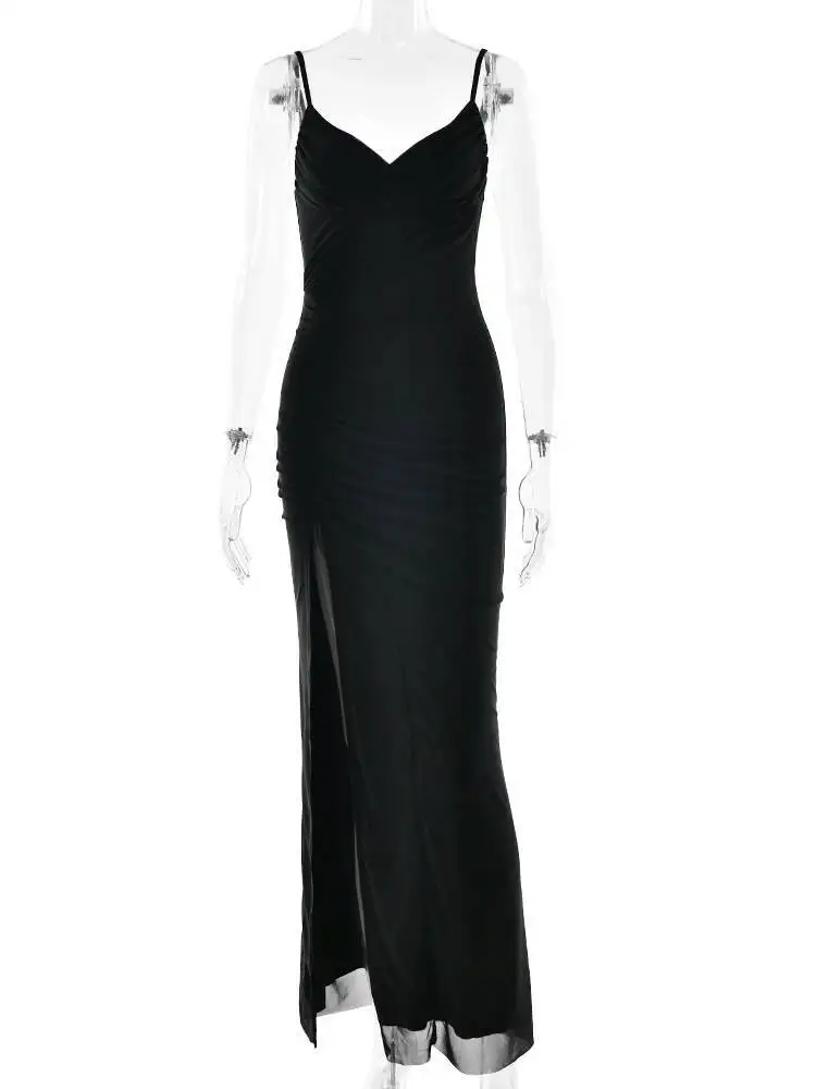 Fantoye Sexy Spaghetti Band Hoge Split Vrouwen Maxi Jurk Zwart Backless Hoge Taille Jurk Herfst Slanke Elegante Feestavondjurk