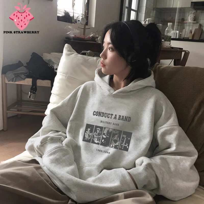 

White Grey Plush Hoodie Women Autumn Winter 2025 New Korean Popular Loose Long sleeves Warm Sweatshirt Y2K Tops Ladies clothing