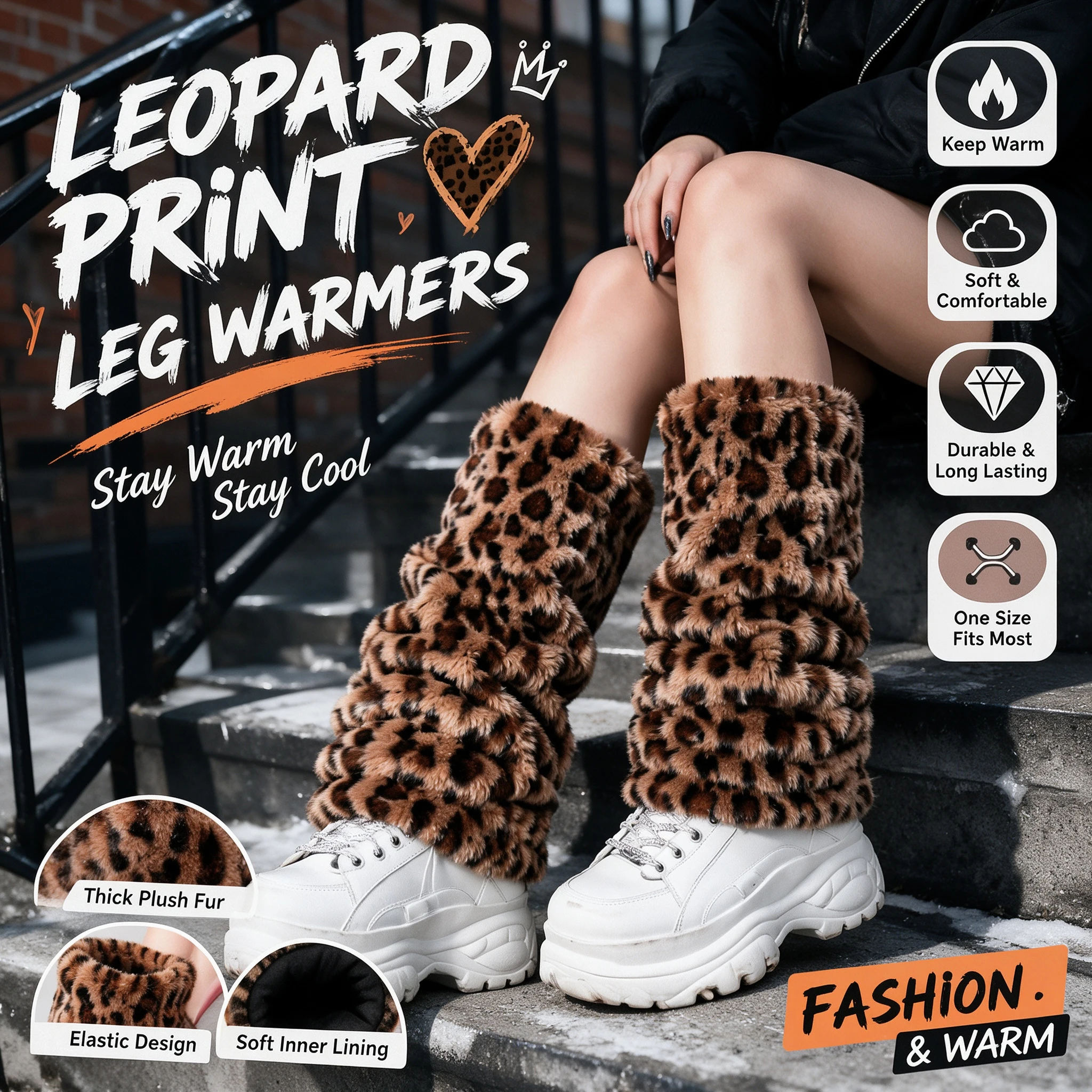 Leopard Print Heavy Weight Plush Leg Warmers Women Winter Warm Knit Stacked Slouchy Boot Socks High Density Comfy Set