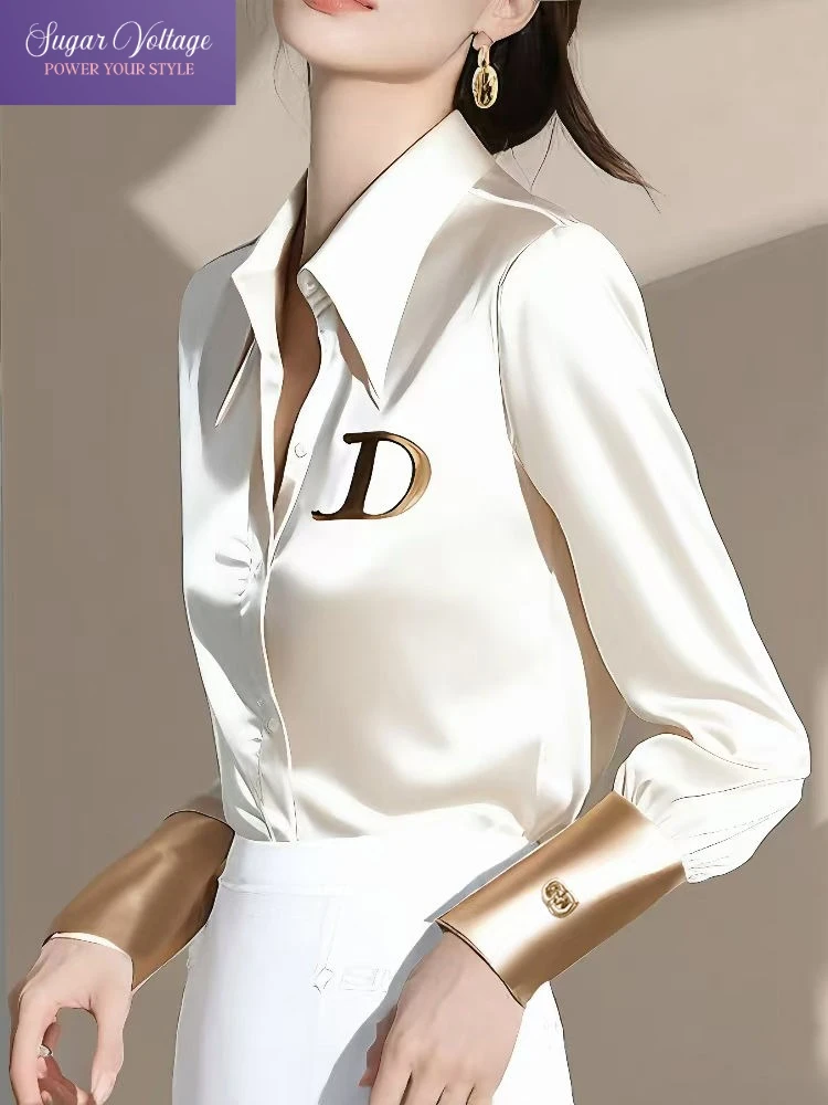 

Осенняя элегантная французская роскошная женская белая атласная рубашка с отложным воротником, блузка с длинными рукавами, женские повседневные простые офисные женские топы