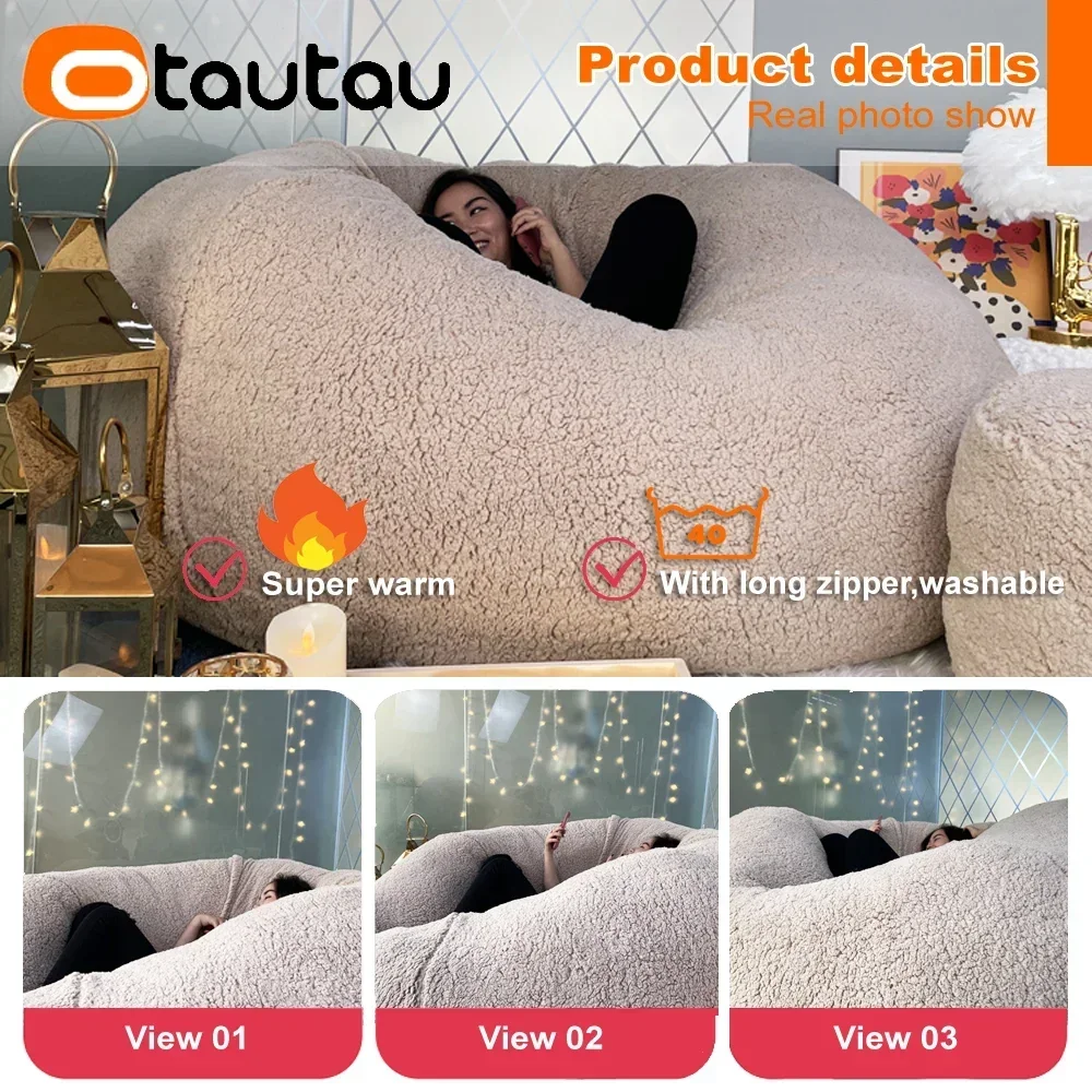 OTAUTAU King Size Giant Sofa Sac Pouf Cover No Filling Soft Fluff Bean Bag Chair Puff Couch Floor Corner Seat Futon DD007