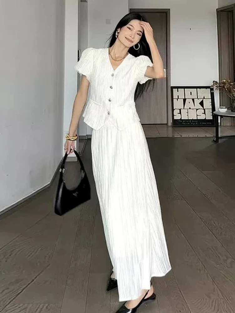 Small Fragrance 2 Piece Set Women V Neck Shirts Short Top + Long Skirt Sets Lady Summer Vintage Fashion Two Piece Suits