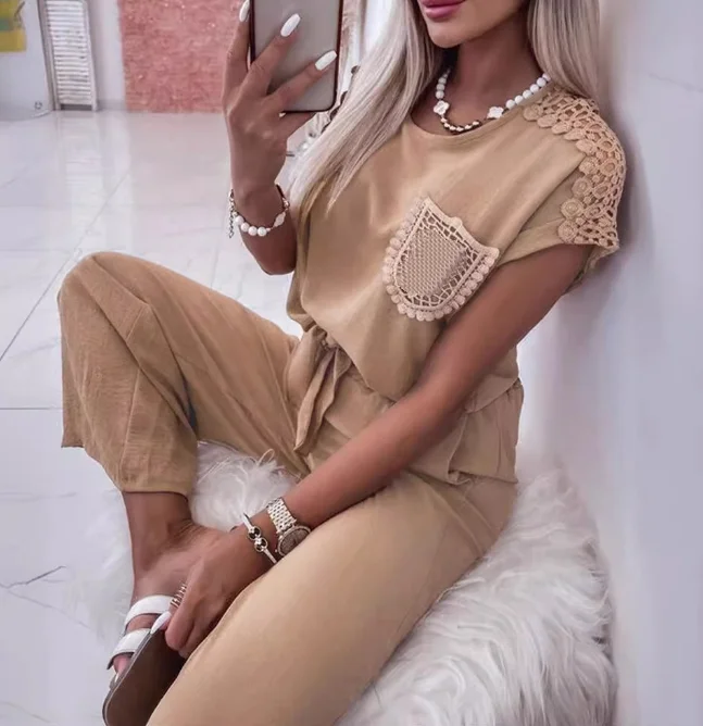 

Women's Lace Patchwork Round Neck Short Sleeved T-Shirt with Tie Up Top Paired with High Waisted Wide Leg Pants Casual Pants Set