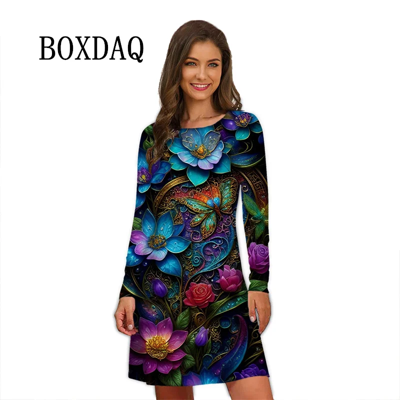 2024 New Casual Daily Dress Women Floral Print O-Neck Loose Mini Dresses Autumn Streetwear Female Long Sleeve Dress Vestidos