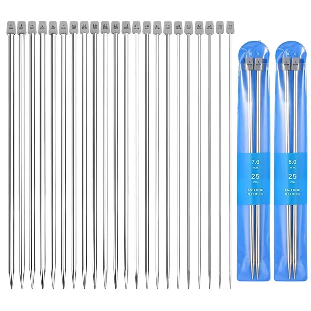 22Pcs Stainless Steel Knitting Needles 2 mm-8 mm Straight Single Pointed Crochet Hook Sets 25/35cm Sweater Needles for Knitting