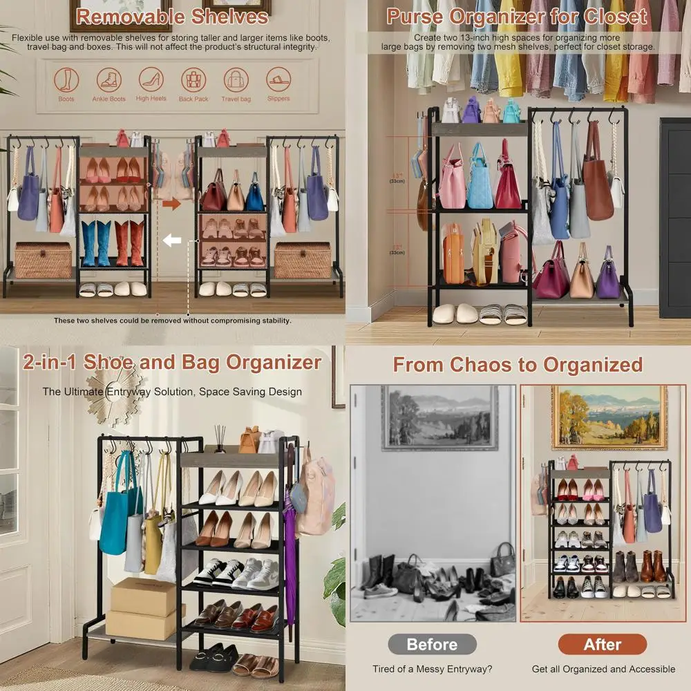 

2-in-1 Compact Shoe Rack with Bag Holder and 7 Hooks, Wooden Tray Metal Storage for Boots, Ideal for Entryway or Closet in Black