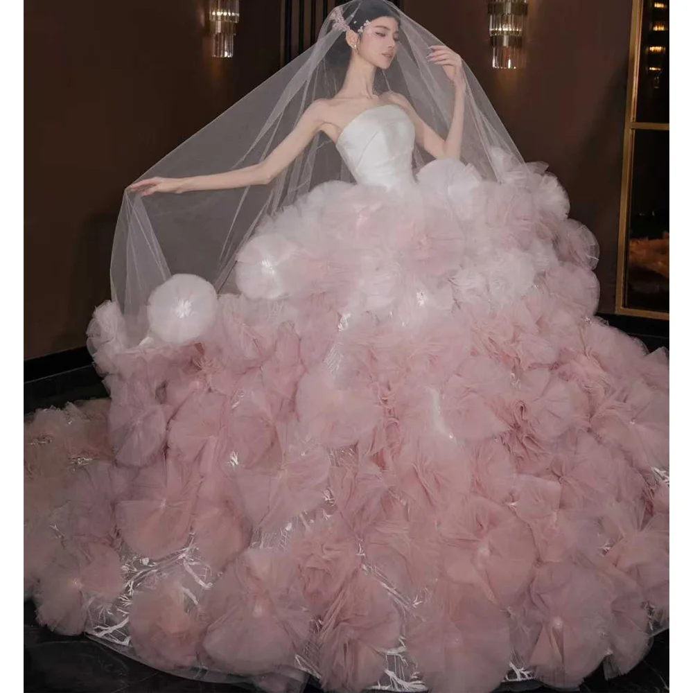 Luxury Strapless 3D Flower Ball Gown Pink Wedding Dress Sleeveless Customized Robe De Mariage Civil