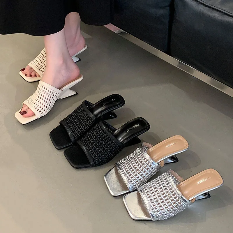 

BOMENDUI 2026 Fashion Summer Hollow Out Weave Women Heeled Slippers Designer Wedges High Heels Square Toe Banquet Slide Shoes
