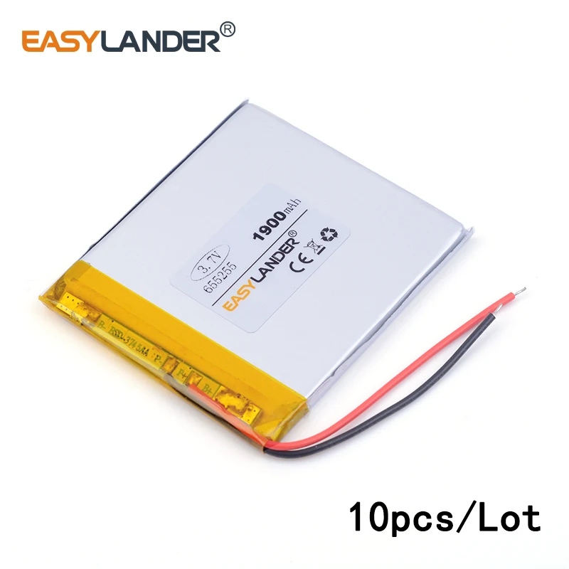 

10pcs /Lot 3.7v lithium Li ion polymer rechargeable battery For Mp3 MP4 MP5 GPS PSP mobile bluetooth 1900mAh 655255