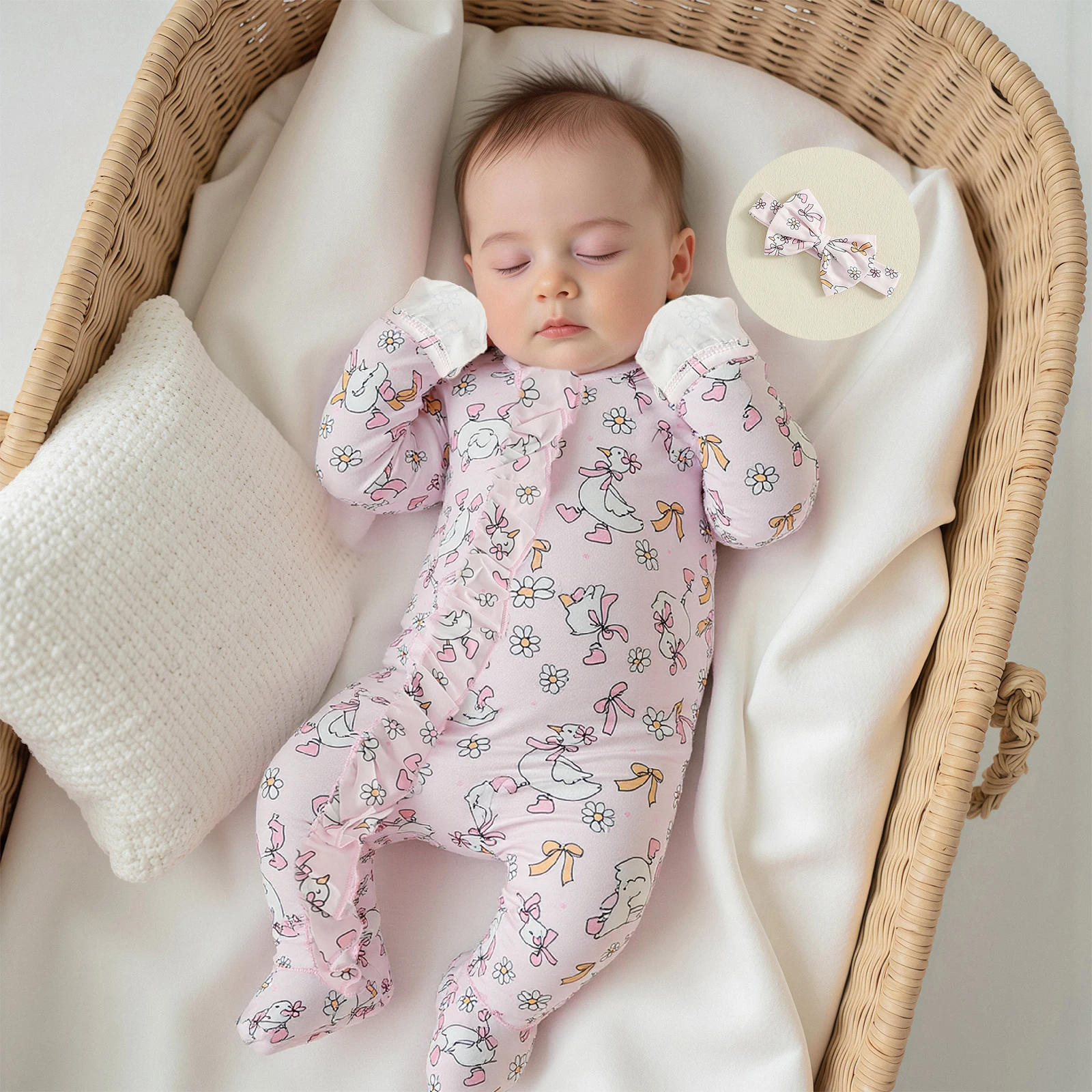 

Baby Girls Outfit, Long Sleeve Crew Neck Goose Flower Print Zipped Footies Jumpsuit and Headband Fall Clothes