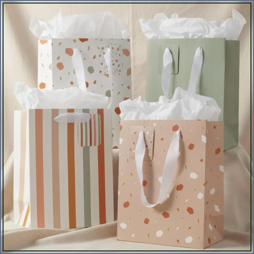 

Gift Bags Set of 4 - Medium 9" with Handles, Tissue Paper, Cards & Stickers for Birthdays, Weddings & More