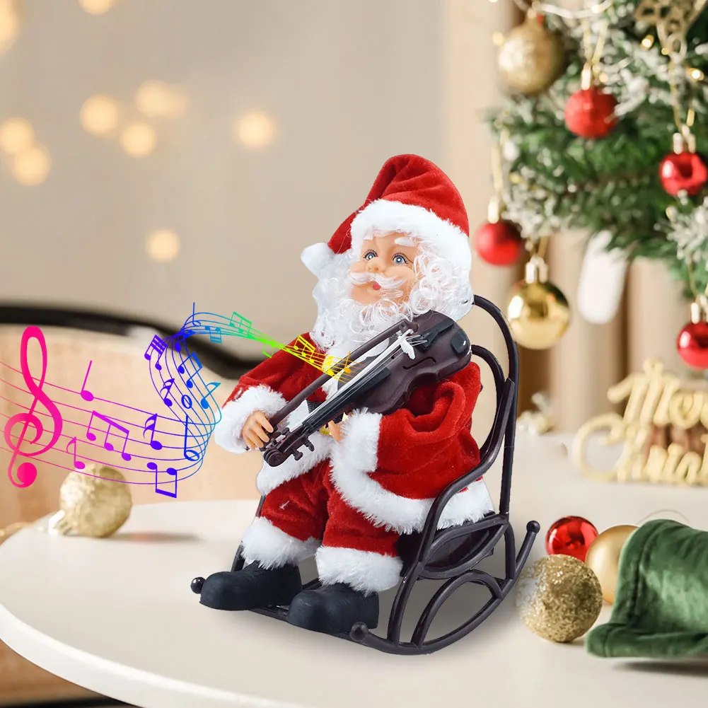 Christmas Rocking Chair Santa Claus Music Toy Battery Powered Mini Santa Claus Playing The Violin Sculpture for Xmas Ornaments