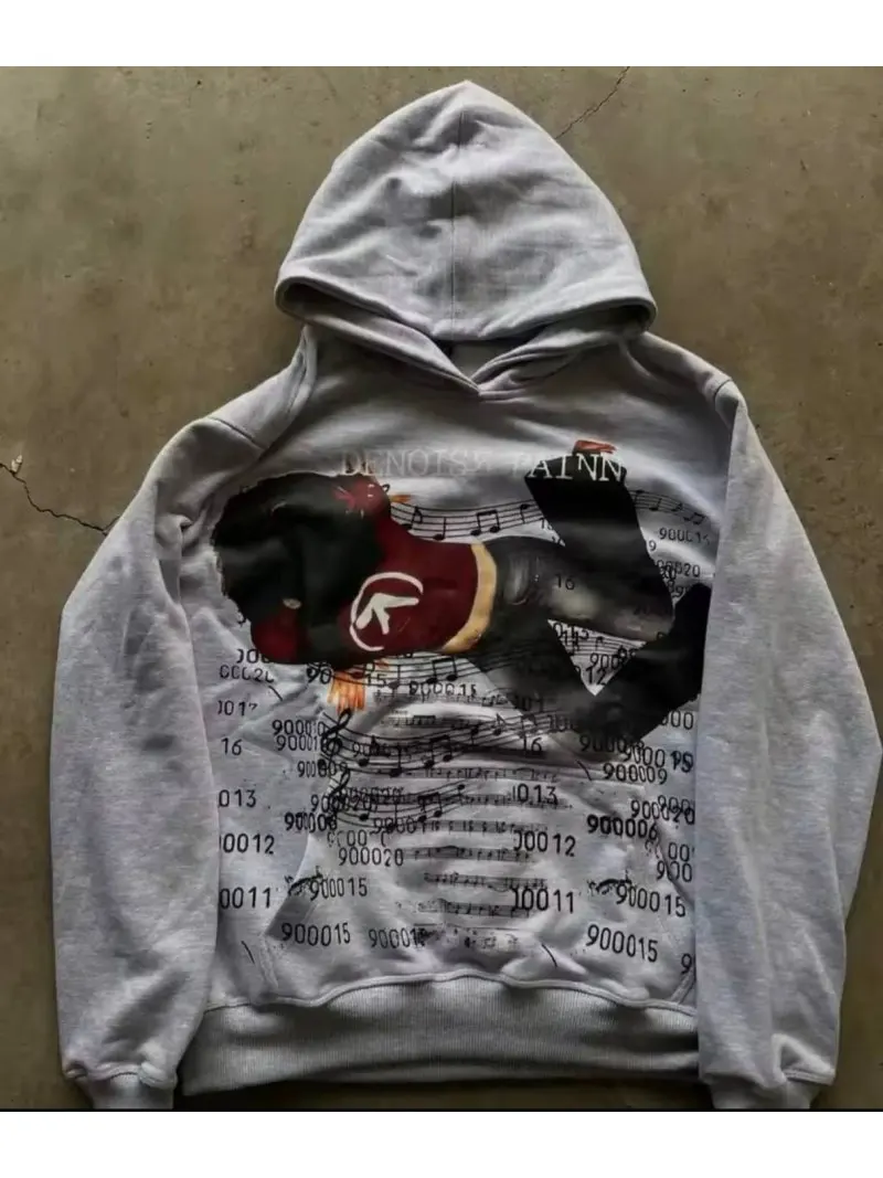 Women Light Grey Musical Note Figure Vintage Print Hoodie, Y2K Alt Loose Pullover Sweatshirt