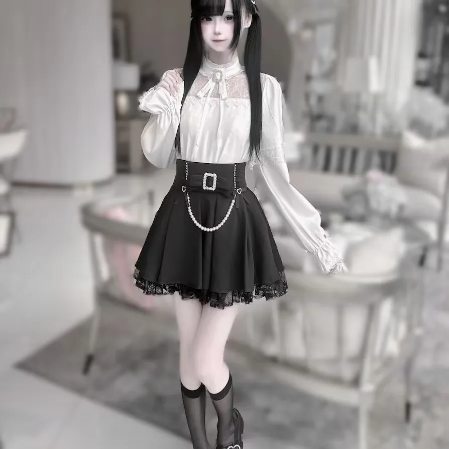 Gothic 2-teilige Röcke Sets Damen Outfits Lolita Süße Spitze Schleife Hemd Kawaii Perle Y2k Miniröcke Weibliche schlanke Rock Sets