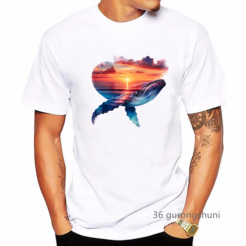 2024 Hot Sale Watercolor Whale Printed Tshirt Men'S Clothing Sunrise Fashion T Shirt Homme Summer Fashion T-Shirt