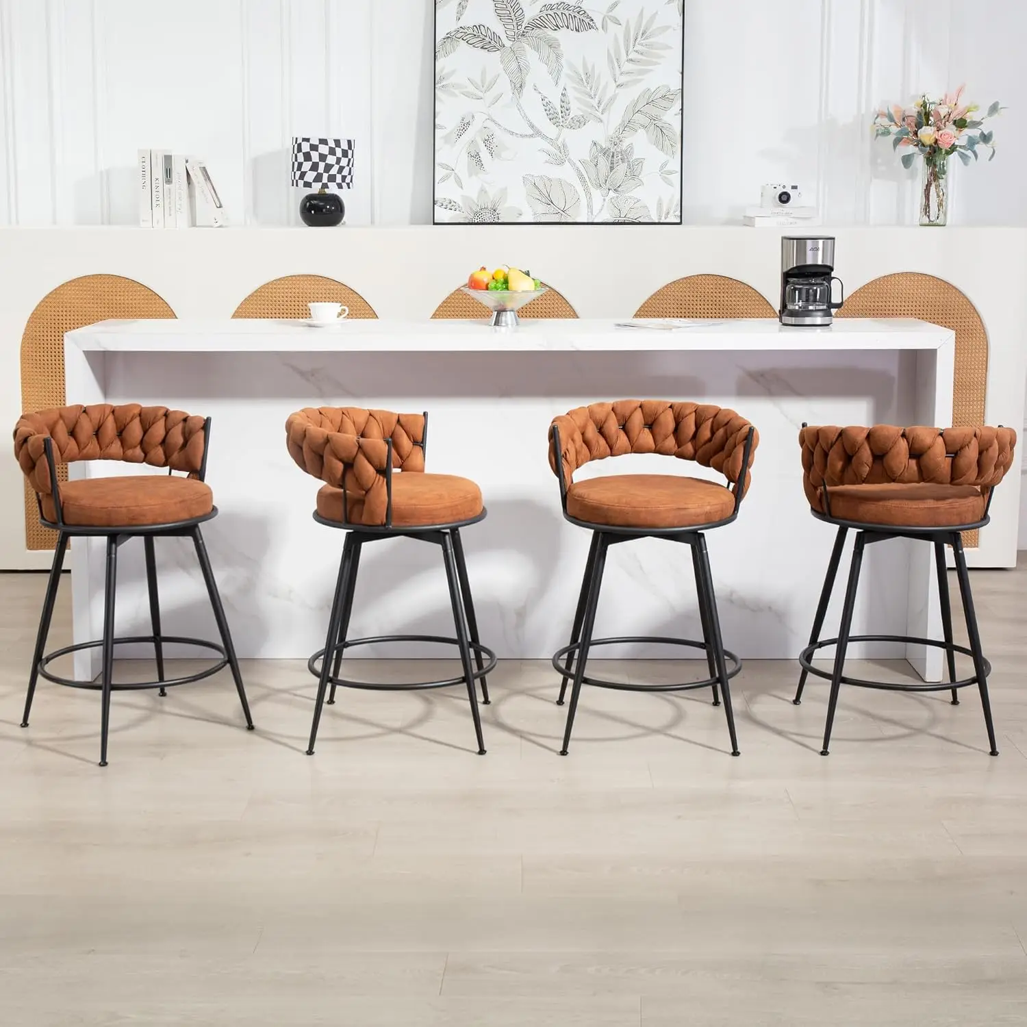 

Swivel Bar Stools Set Of 4, 24 Inches Modern Counter Height Bar Stools With Woven Back, Upholstered Suede Tall, Customized