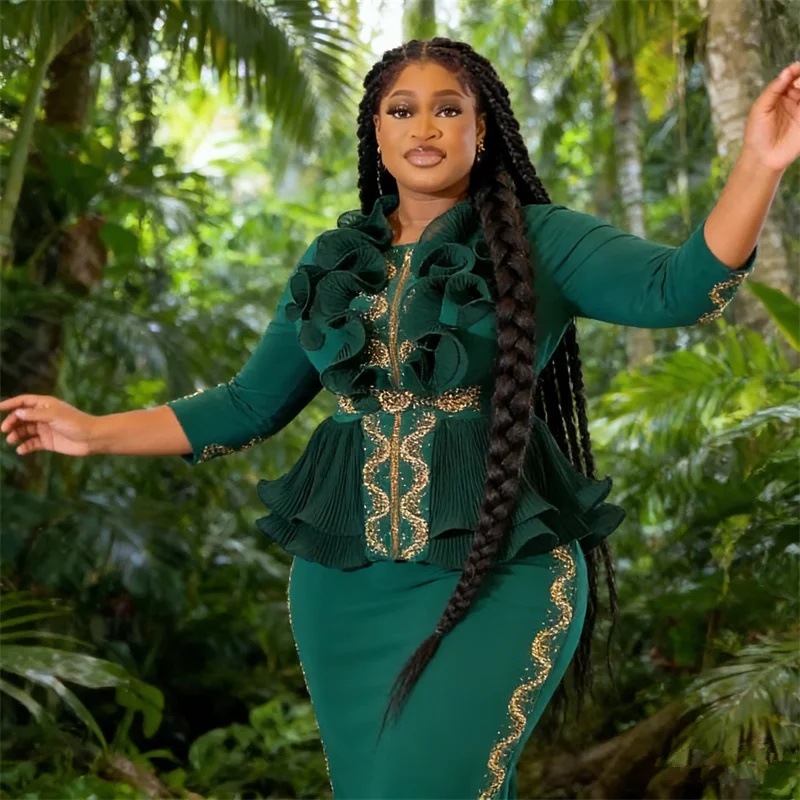 

Новые африканские вечерние платья с рюшами для женщин, элегантные облегающие платья для свадебных вечеринок, одежда в стиле дашики, анкара, африканская одежда, наряды и комплекты.