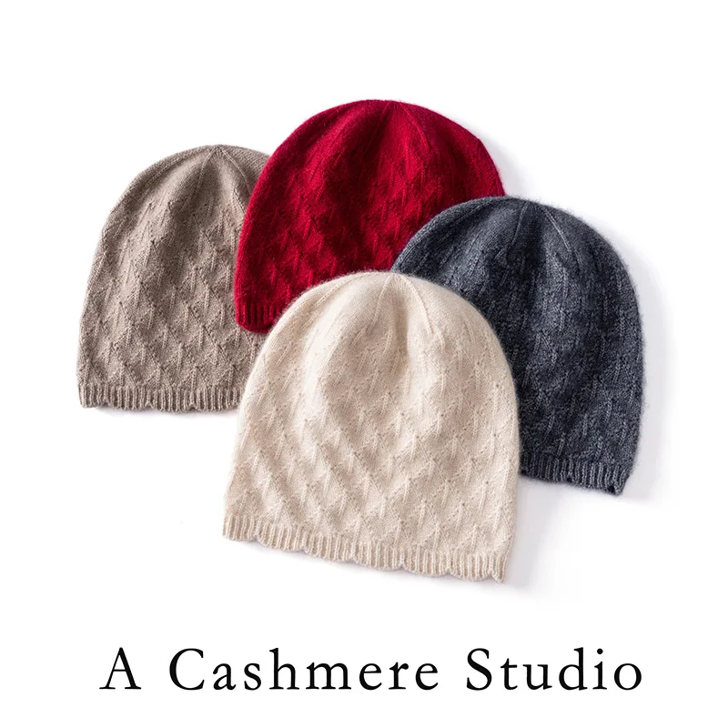 High Quality 100% Cashmere Knitted Hat Women's Hollow Design wWinter Warm Fashion Outdoor Solid Color Joker Comfortable Soft