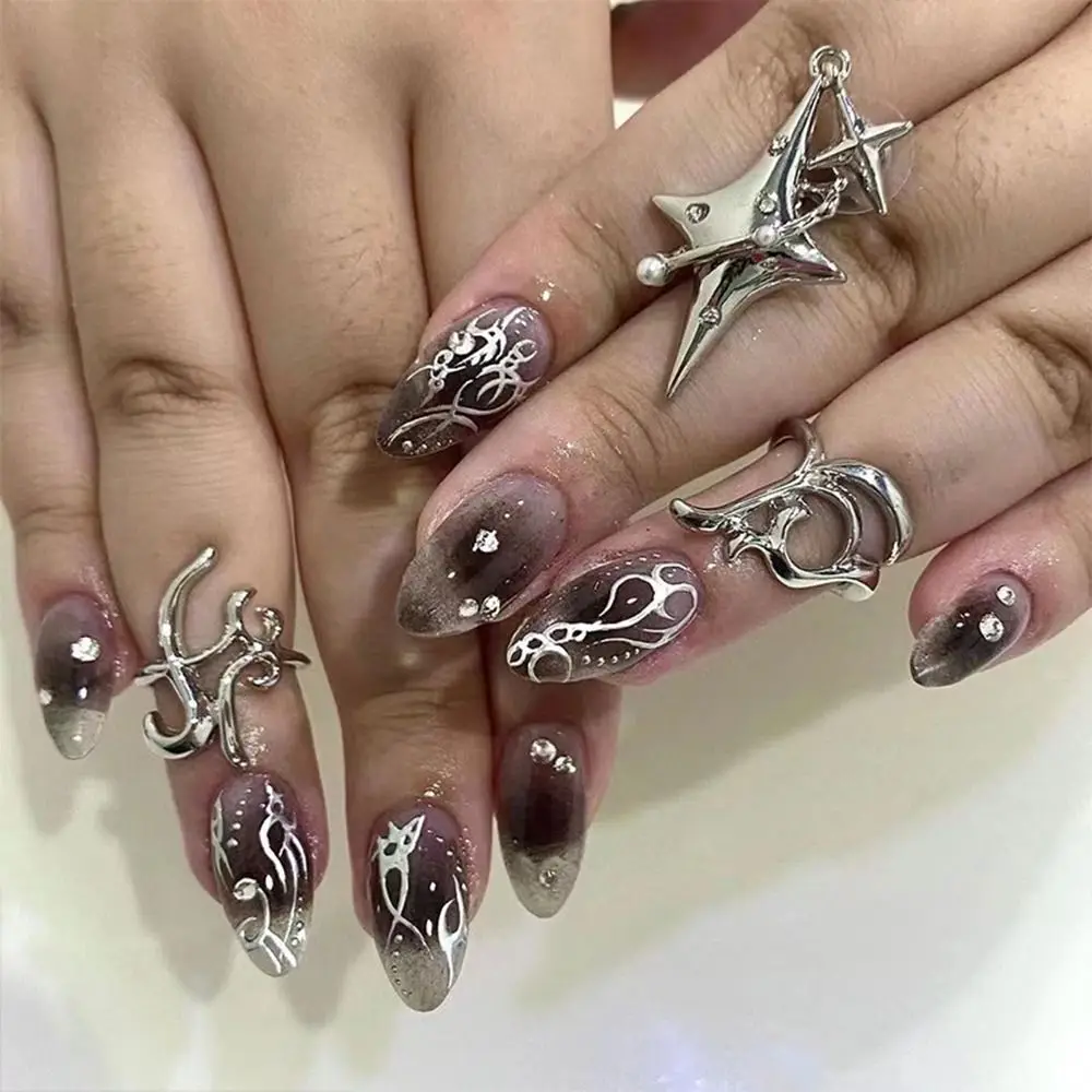 24pcs Detachable Press on Nails Pink Star Fake Nials False Nails French LongBallerina Bursting Flash Milk Grey