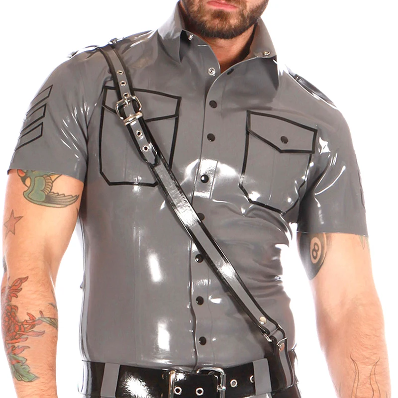 Gray And Black Sexy Latex Military Unifrom Jacket With Buttons At Front Pockets Trims Turn Down Collar Rubber Coat YF-0197